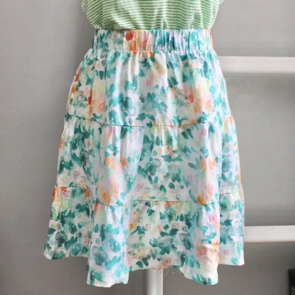 Anthropologie Cloth & Stone Green White Floral A-Line Mini Tiered Skirt SZ Large - Picture 8 of 9
